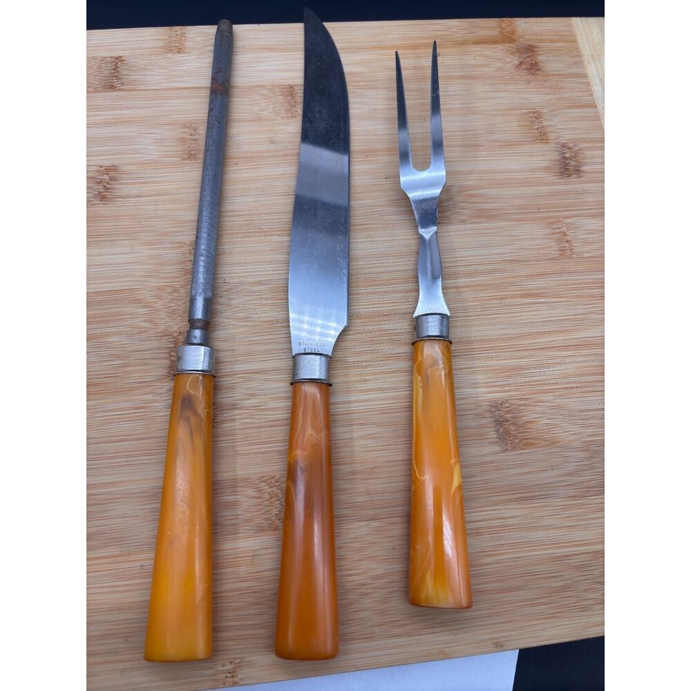 Vintage 3 Pc Carving Set Bakelite Handles Knife Fork Honing Steel 1930s 40s